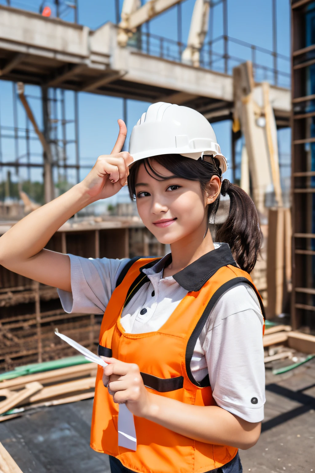Construction,homework,femele,frontage,Point your index finger up