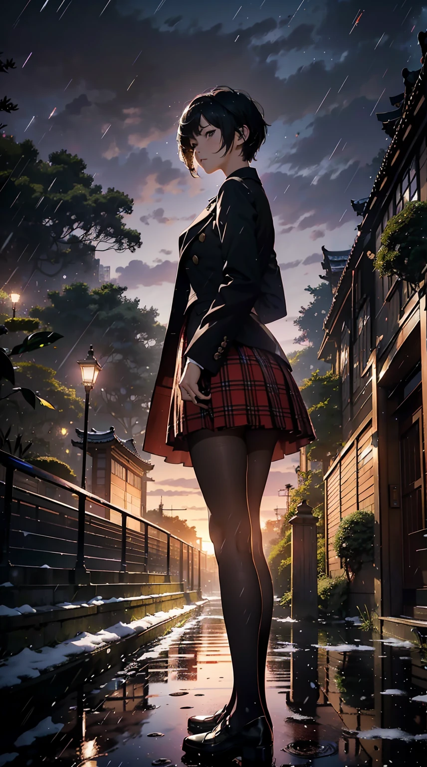 ((masterpiece)), ((top-quality)), (hight resolution), (extremely detailed CG unified 8k wallpaper),(Near and far law),(beautiful night scene:1.4),(projected inset),(((very dark background))),depth of field,(Midnight:1.4),midwinter,(cloudy ash sky:1.2),(Detailed Shinjuku Gyoen National Garden), (In the midst of falling snow:1.4),(from behind),((Chilling Wind)),(Large snow:1.4),((Wear a long coat)),(Standing in the detailed Shinjuku Gyoen National Garden 1.4),TOKYOcty,Shinjuku,Shinkai Makoto style,(Garden of Words:1.3),(Loud shouting gesture:1.4),((Put your hands on your chest)),Black pantyhose,((Detailed distant cityscape)),Residential area,condominium,apartament,looking at the city,serene ambiance.(Pixie Cut),Hair in the ears,Profile of the character,1 cute high school girl,(large full breasts:1.2),Cute Uniform,Long skirt with red plaid pattern,sleeveless,Photorealsitic,Background Focus,Panoramic shooting,f/2.8,35m,Beautiful lighting,光线追踪