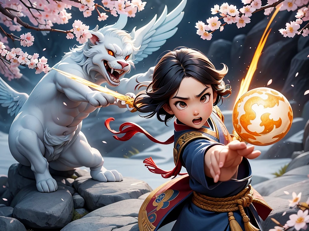 (a brave boy as the main character),(traditional Japanese folklore), (vibrant and colorful), (detailed and realistic), (oil painting style), (traditional Japanese landscape), (strong and vivid colors), (soft and warm lighting), (detailed and expressive brushstrokes), (dynamic and action-packed), (traditional Japanese architecture), (the boy wearing a traditional kimono), (demon-like creatures with exaggerated features), (intense battle scene between the boy and demons), (blooming cherry blossom trees in the background), (authentic and historical), (captivating and enchanting), (epic and heroic), (Japanese cultural elements), (folklore-inspired), (historic symbolism), (fierce determination), (deep emotions), (authentic period costumes), (majestic landscapes), (courage and bravery), (folkloric heroes), (sumptuous details), (masterpiece-quality), (intricately designed weapons), (dynamic poses and gestures), (expressive facial expressions), (fearless protagonist), (celestial and mystical elements), (captivating narrative), (traditional Japanese calligraphy), (exquisite fine details), (awe-inspiring adventure), (legendary heroes), (mythical creatures), (extraordinary and fantastical), (action-packed battle scenes), (awe-inspiring visuals), (stunning composition and perspective), (ethereal and magical), (cultural pride), (timeless story), (unforgettable imagery), (brave and noble characters), (illustrative storytelling).