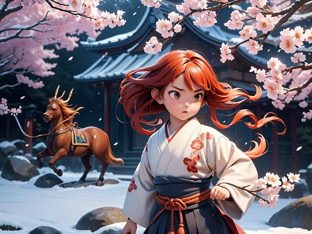 (a brave boy as the main character),(traditional Japanese folklore), (vibrant and colorful), (detailed and realistic), (oil painting style), (traditional Japanese landscape), (strong and vivid colors), (soft and warm lighting), (detailed and expressive brushstrokes), (dynamic and action-packed), (traditional Japanese architecture), (the boy wearing a traditional kimono), (demon-like creatures with exaggerated features), (intense battle scene between the boy and demons), (blooming cherry blossom trees in the background), (authentic and historical), (captivating and enchanting), (epic and heroic), (Japanese cultural elements), (folklore-inspired), (historic symbolism), (fierce determination), (deep emotions), (authentic period costumes), (majestic landscapes), (courage and bravery), (folkloric heroes), (sumptuous details), (masterpiece-quality), (intricately designed weapons), (dynamic poses and gestures), (expressive facial expressions), (fearless protagonist), (celestial and mystical elements), (captivating narrative), (traditional Japanese calligraphy), (exquisite fine details), (awe-inspiring adventure), (legendary heroes), (mythical creatures), (extraordinary and fantastical), (action-packed battle scenes), (awe-inspiring visuals), (stunning composition and perspective), (ethereal and magical), (cultural pride), (timeless story), (unforgettable imagery), (brave and noble characters), (illustrative storytelling).