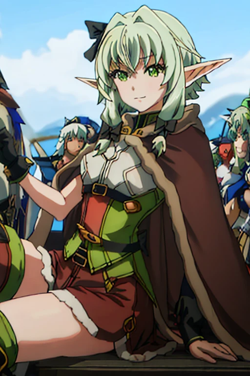 Best Quality, masutepiece, hight resolution, Solo, {high_elf_Archer_Goblin Slayer:1.15}, spiky_Ears, elf, Green_hair, side locks, Green_Eyes, Bangs, Bow, hair_Bow, Black_Bow, hair_Bland_Eyes,  long_hair, 1girl in, Blue_skyporn, Bow_\(arma\), day, hair_intakes, Outdoors, skyporn, 上半身_Body,Blurry, Closed_Mouth, off shoulders，Green kimono，Furisode，Brown Short Boots