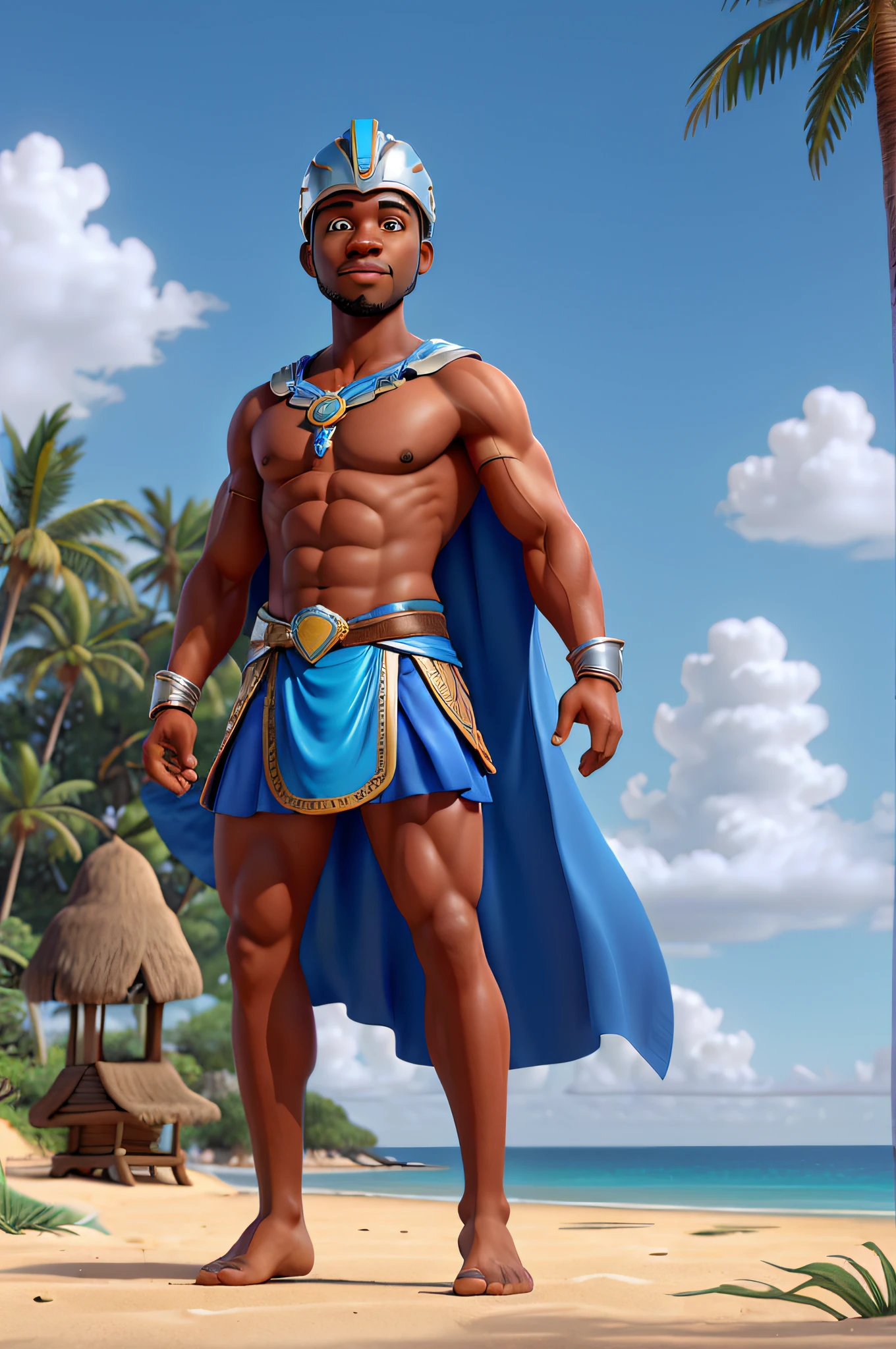 Homem africano musculoso de 30 anos, barefoot, vestindo uma saia azul, capa e um capacete prateado, segurando uma cimitarra, On the beachfront