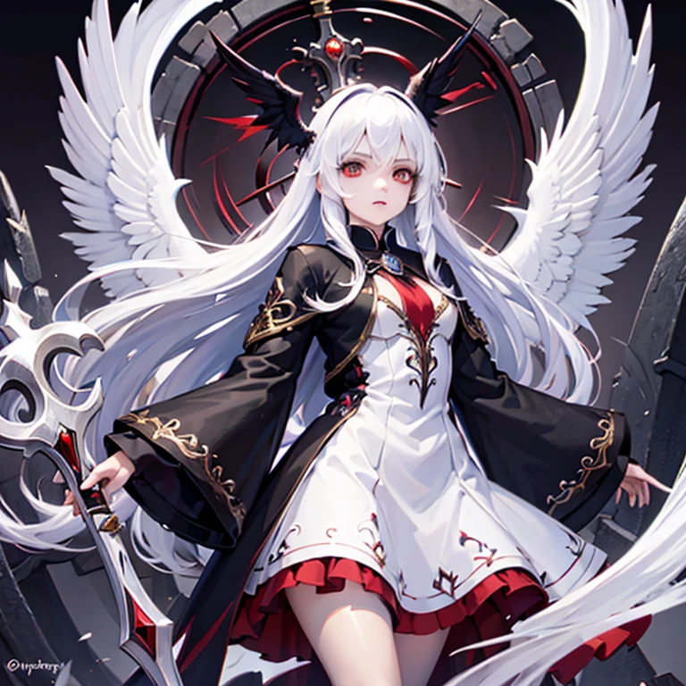 Female with white long hair, red eyes, mage, wizard, top hat, gothic skirt, staff, raven wings, tombstone, necromancer, indifferent expression, staff, cross