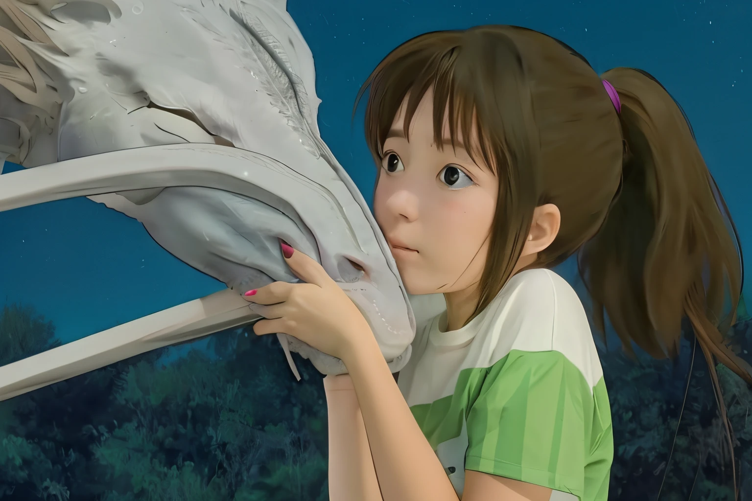 girl, brown hair with ponytail, white t-shirt with green stripe, white dragon