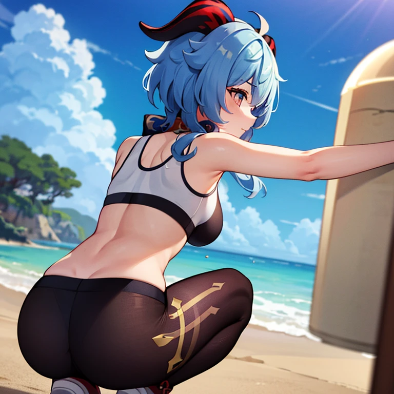 (((Ganyu from genshin impact))), (small breasts), (Sports bra), leggings, (squatting), (view from behind)