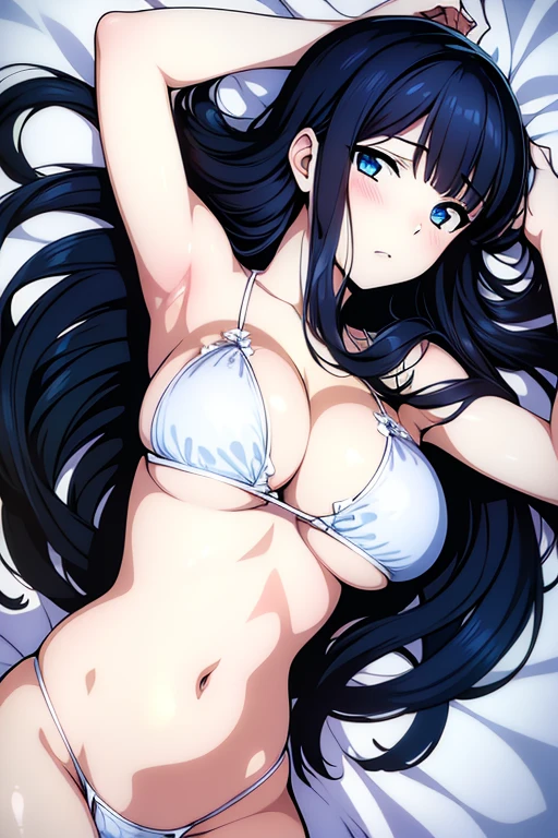 (masterpiece, best quality, high resolution, anime colored, 8k, photorealistic), Miyuki, 1girl, blush, (black hair, long straight hair, hime_cut), blue eyes, (sagging huge breast:1.5, cleavage), (white micro bikini:1.5), covered nipples, slim, arms up, (lying, on back:1.5, upper body:1.5), breast focus, bed, softlight, (perfect detailed anatomy, perfect detailed full body, beautiful detailed hair, beautiful detailed face, beautiful detailed eyes, beautiful detailed breast, beautiful detailed bikini)