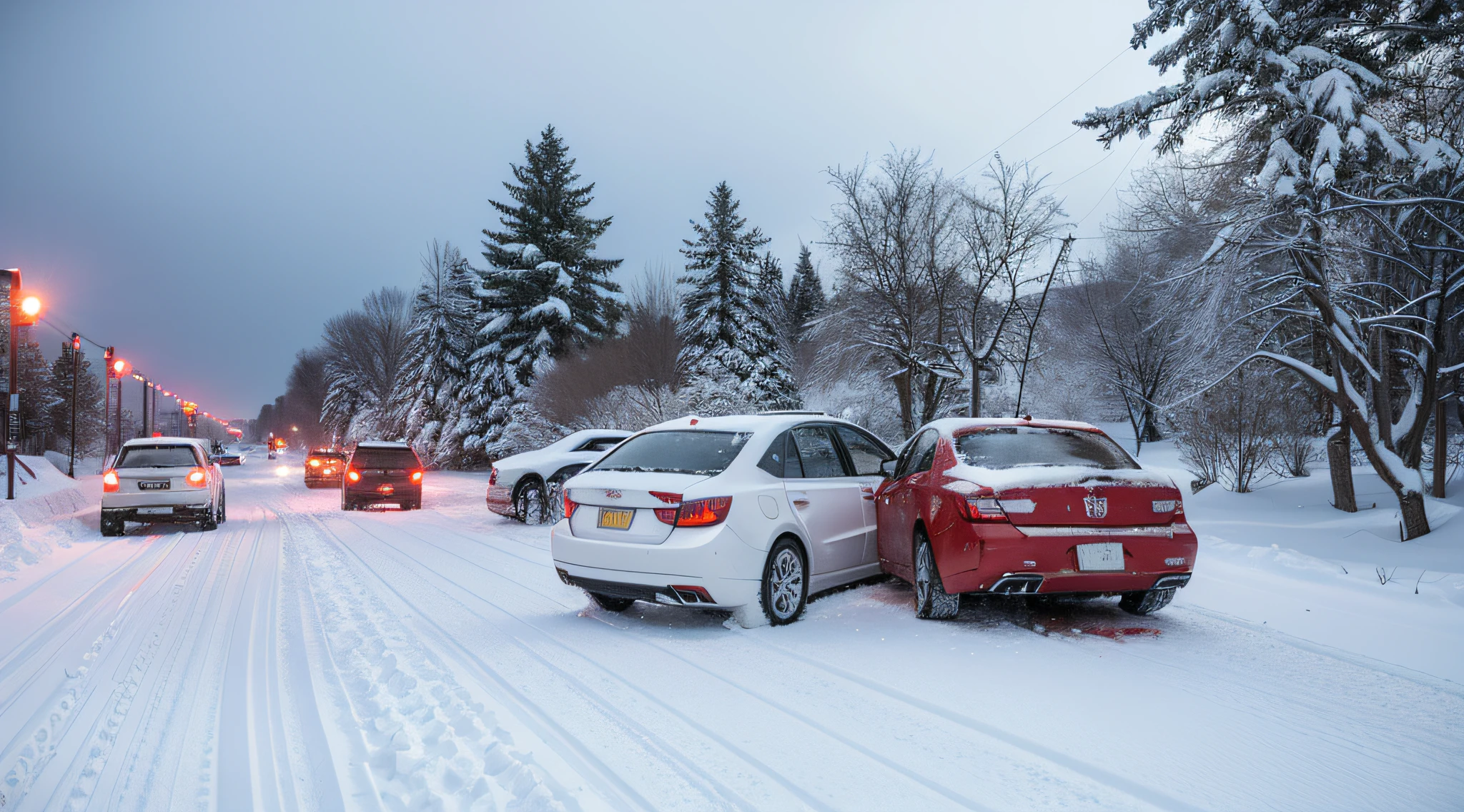 Snowflake modern city background,Front view of snowy road from right to left,A red car lost control and rear-ended a white car,The scene of the car accident,Snowy road with wheel marks,Left and right composition,hyper HD,high high quality,Depth-of-fie,composite poster