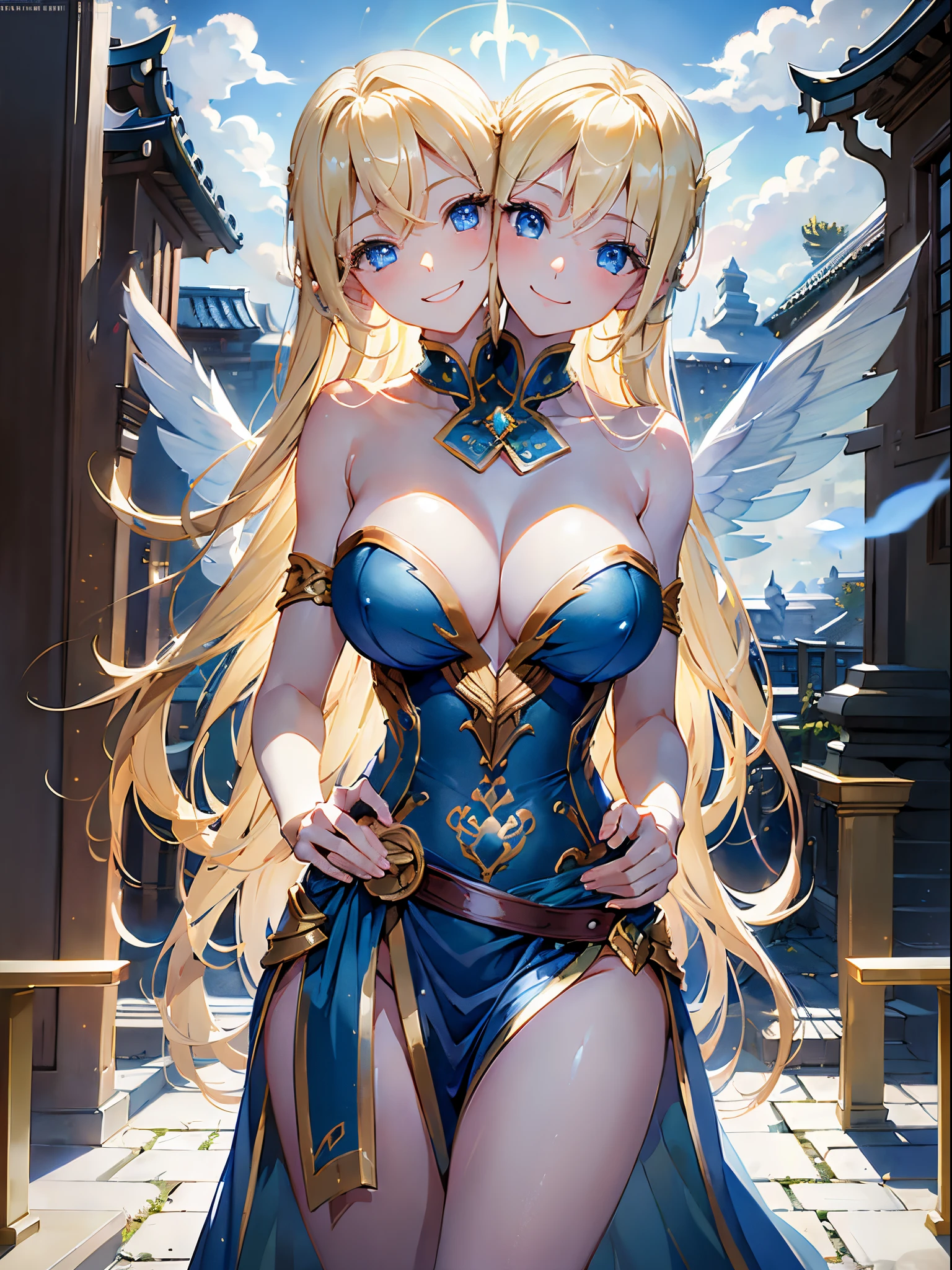 (masterpiece, best quality), best resolution, (2heads:1.5), 1girl, lightning fairy, blond hair, blue eyes, white wings, blue robe, casual, confident, smiling, electricity sparking in right hand, left hand on hip, cloud temple courtyard, fairies flying in background