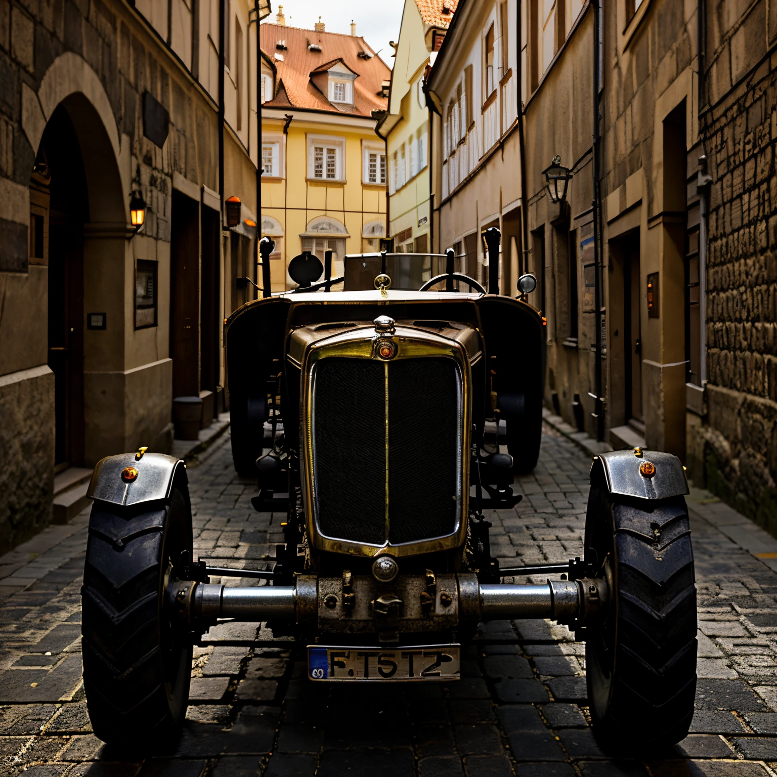 image of a nice polished old European tractor in an old Prague alley, very detailed photography style, intricate details, cinematic lighting, contrast lighting, dslr, very intricate details, amazingly nice details, very detailed, sharp focus, very high resolution, wide image to the side