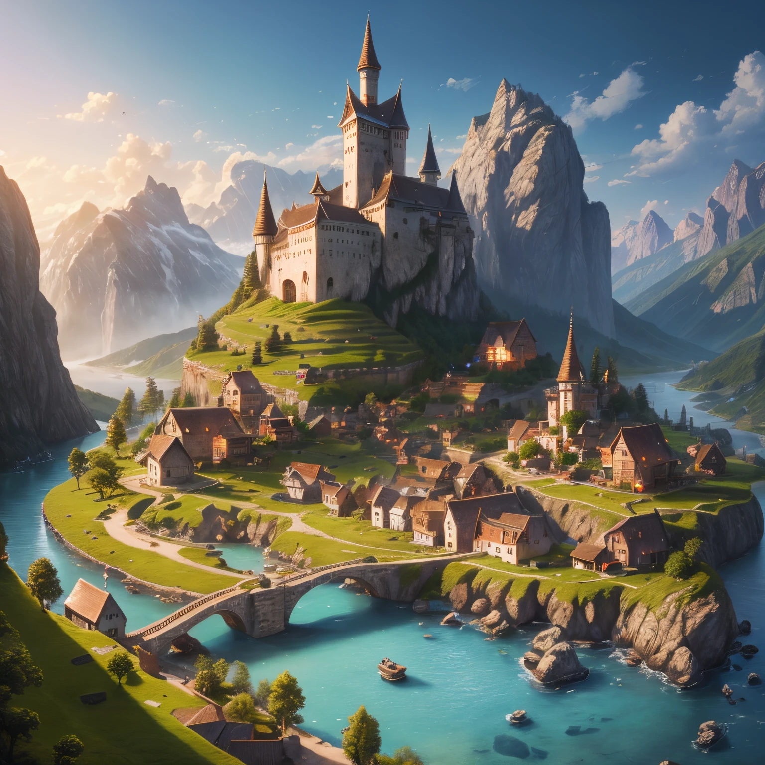 finest image, 8k, RAW photo, realistic, detailed and delicate depiction and flashy and dynamic painting method, small remote village that looks like something out of a fairy tale