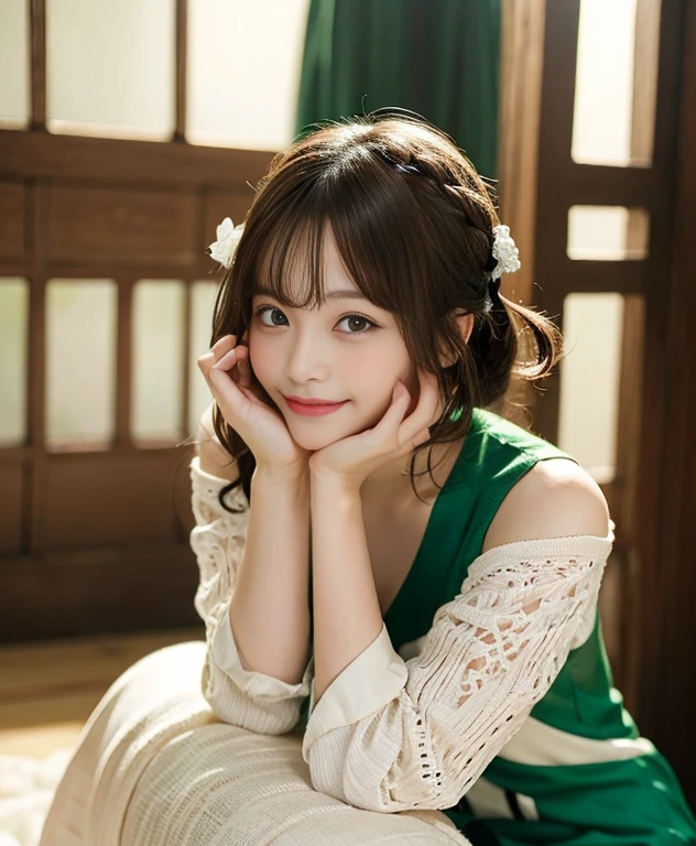 masutepiece, Best Quality, Naughty smile、Green clothes、randome pose、Bruises、Illustration, Ultra-detailed, finely detail, hight resolution, 8K Wallpaper, Perfect dynamic composition, Beautiful detailed eyes, knit,Medium Hair,Natural Color Lip、Bold sexy poses,Smile,Harajuku、20 years girl、Cute、Sexy shot looking at camera、C Cup、Brown hair