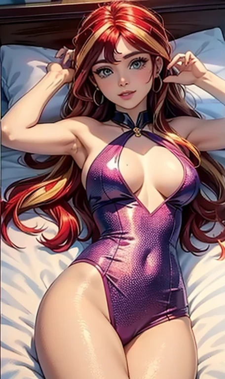 (La mejor calidad, Obra maestra), 1girl, 19 year old ,galaxia, brillar, vestido, Particle, viento, Flor, Parte superior del cuerpo, Mirando al espectador, cabello largo , vestido de verano , maquillaje , labios rojos , hermosa sonrisa , fondo variado. Mlp , Sunset Shimmer , posando sexy en cama boca abajo