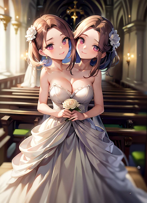 (best quality), (high quality), (detailed), (masterpiece), good artist, 1girl, brown hair, light violet hair, (2heads:1.5), wedding gown, church, flowers, kissing, wedding dress