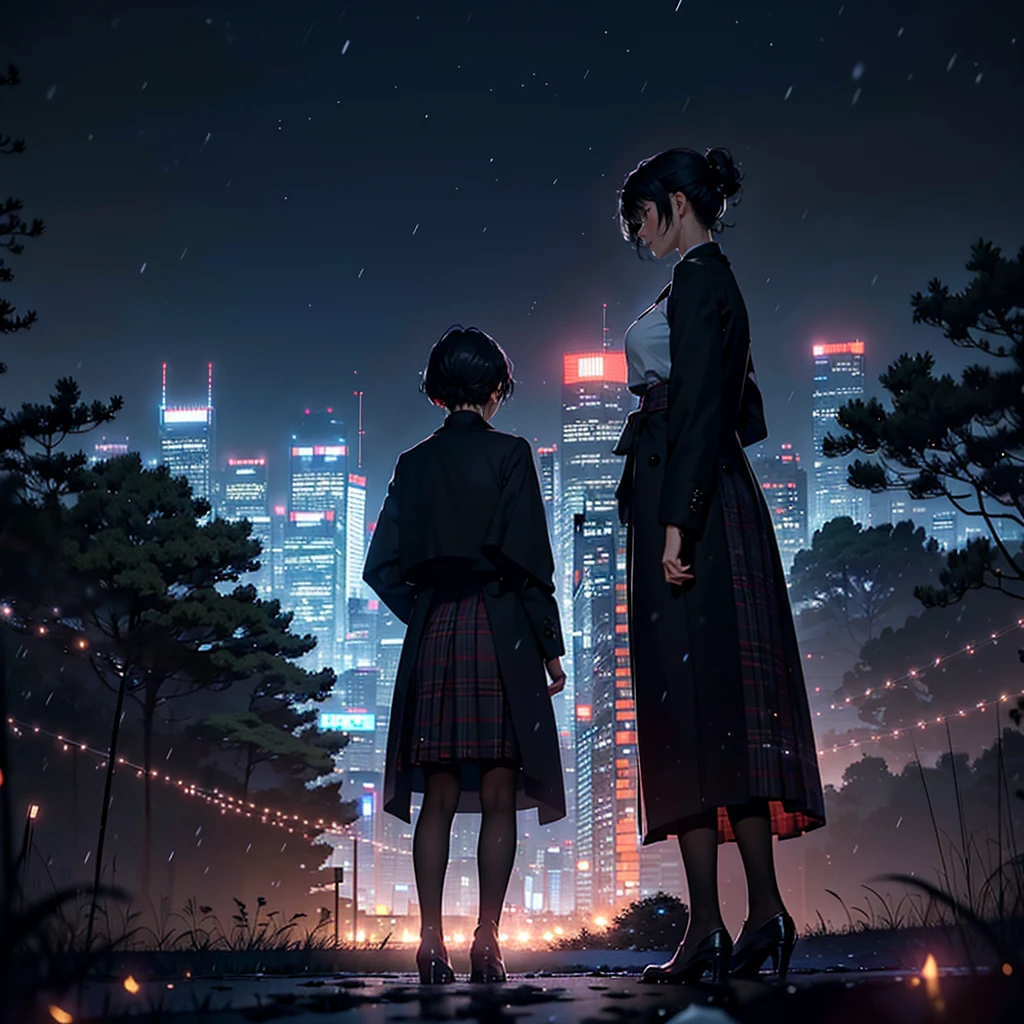 ((​masterpiece)), ((top-quality)), (hight resolution), (extremely detailed CG unified 8k wallpaper),(Near and far law),(beautiful night scene:1.4),(projected inset),(((very dark background))),depth of field,(Midnight:1.4),midwinter,(cloudy ash sky:1.2),(Detailed Shinjuku Gyoen National Garden), (In the midst of falling snow:1.4),(from behind),((Chilling Wind)),(Large snow:1.4),((Wear a long coat)),(Standing in the detailed Shinjuku Gyoen National Garden 1.4),TOKYOcty,Shinjuku,Shinkai Makoto style,(Garden of Words:1.3),(Loud shouting gesture:1.4),((Put your hands on your chest)),Black pantyhose,((Detailed distant cityscape)),Residential area,condominium,apartament,looking at the city,serene ambiance.(Pixie Cut),Hair in the ears,Profile of the character,1 cute high school girl,(large full breasts:1.2),Cute Uniform,Long skirt with red plaid pattern,sleeveless,Photorealsitic,Background Focus,Panoramic shooting,f/2.8,35m,Beautiful lighting,光线追踪