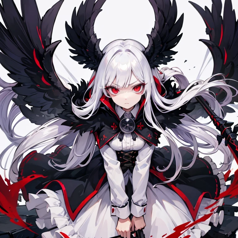 Female with white long hair, red eyes, mage, wizard, top hat, gothic skirt, staff, raven wings, tombstone, necromancer, indifferent expression, staff, cross