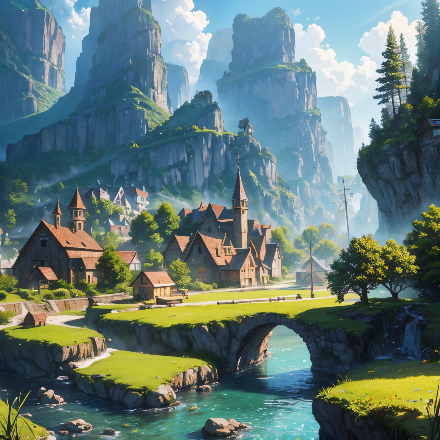 finest image, 8k, RAW photo, realistic, detailed and delicate depiction and flashy and dynamic painting method, small remote village that looks like something out of a fairy tale