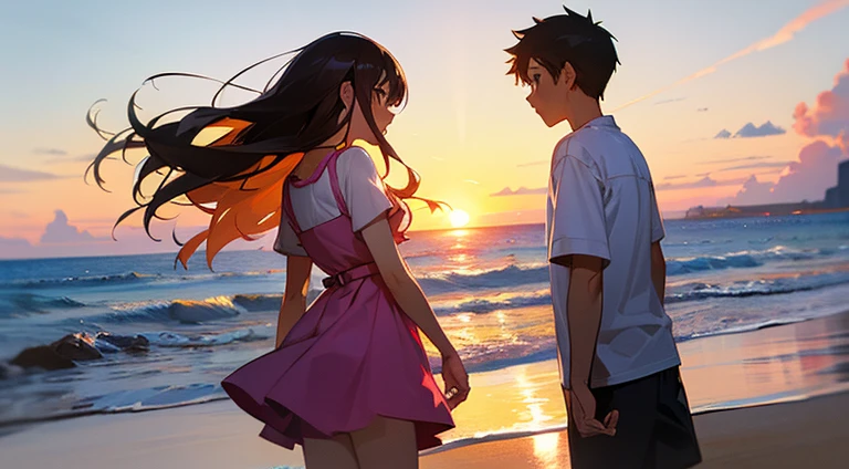 a couple, in the beach, girl embraced by boy, girl wear a mini dress, long hair, and boy wear shirt and shorts, see the sunrise,