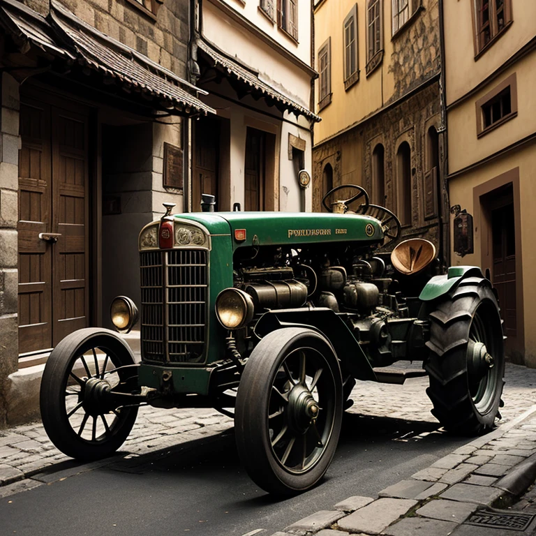 image of a nice polished old European tractor in an old Prague alley, very detailed photography style, intricate details, cinematic lighting, contrast lighting, dslr, very intricate details, amazingly nice details, very detailed, sharp focus, very high resolution, wide image to the side