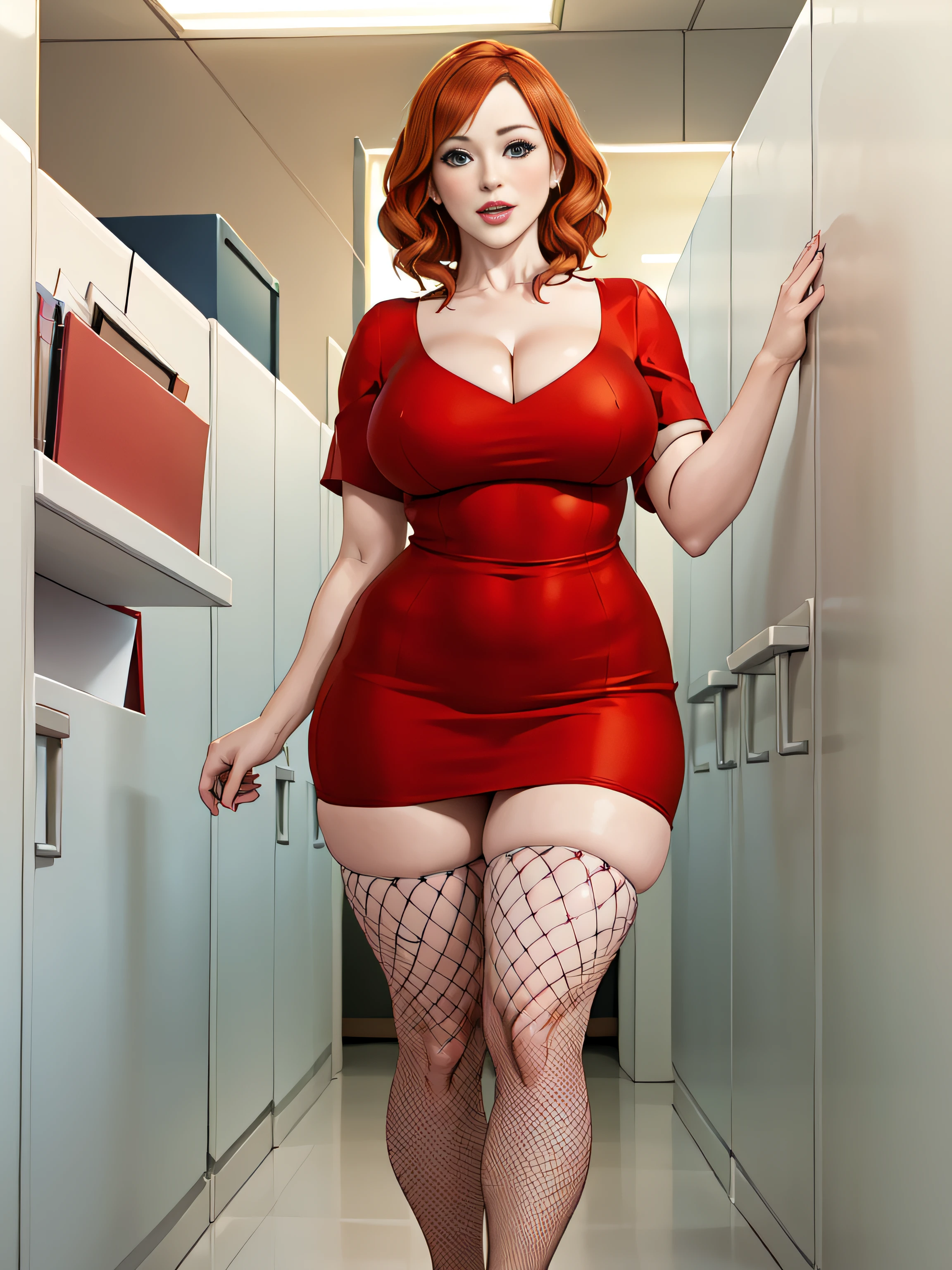 Christina Hendricks, in a modern office, office cubicles in background, wearing red dress, very tight dress, short skirt, fishnet stockings,