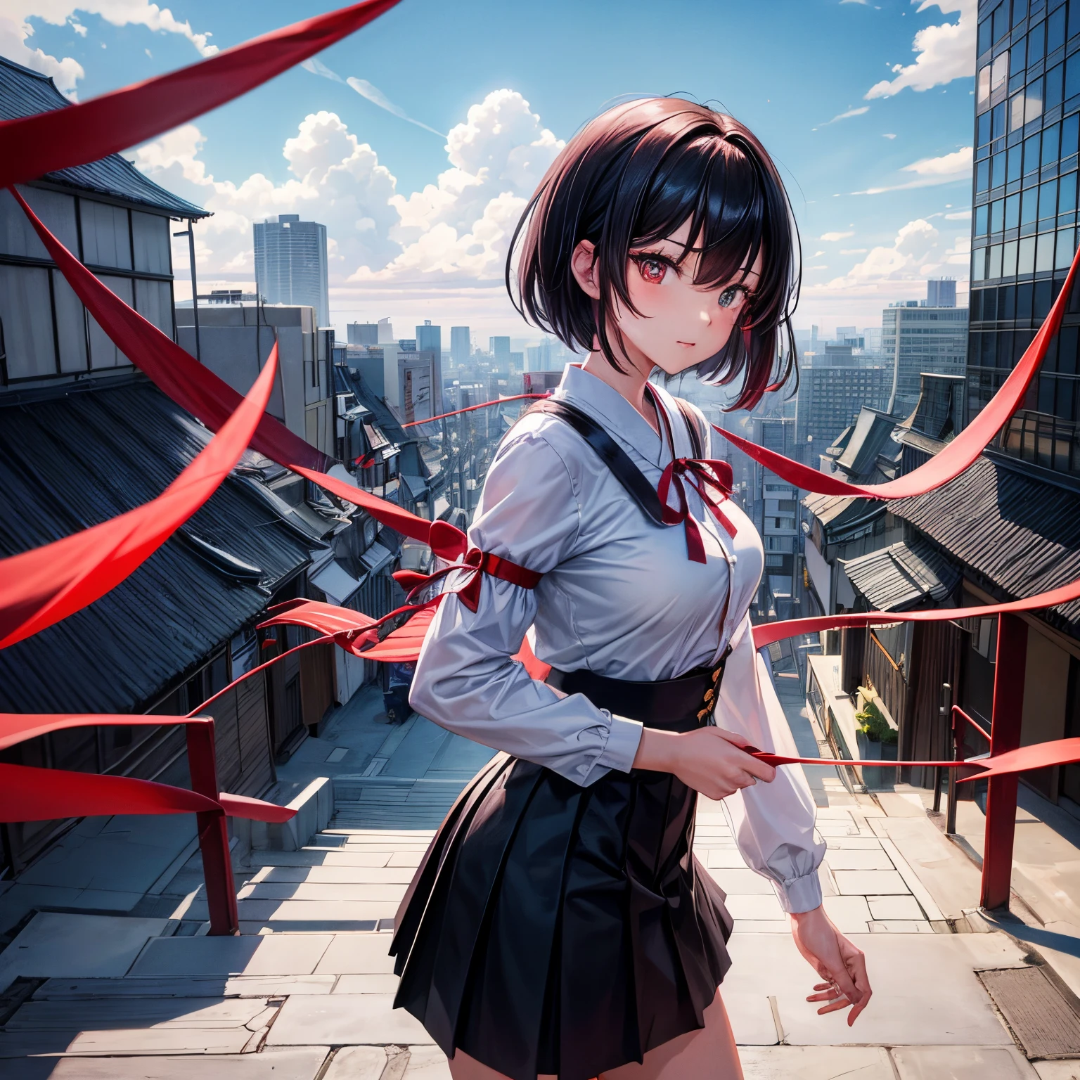 (tmasterpiece,newest,abnormal:1.2), Japanese cartoon,1个Giant Breast Girl,By bangs,Black_the hair, Beautiful 8k eyes,blue_Skysky,bru,buliding,borgar,城市,view over city,​​clouds,daysies,a skirt,lookingat_Show on the_peeping at the viewer,Outdoor activities,Red_tiese,Red_ribbons,ribbons,flod,short_the hair,short_the sleeve,Skysky,skyscrapper,Alone,Permanent,town,Eau
