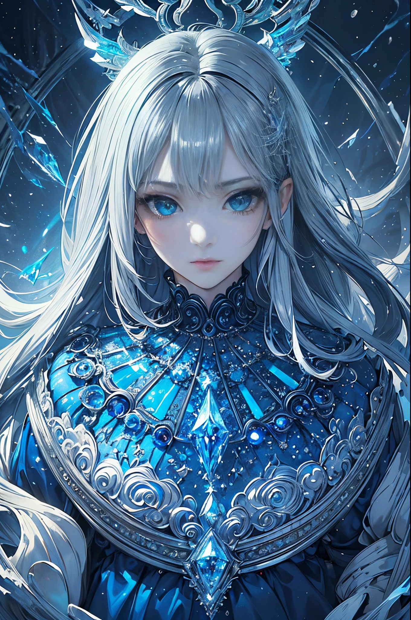 silver and blue tones、((masterpiece)))、(((top-quality)))、((ultra-detailliert))、(A hyper-realistic)、(highly detailed CGillustration)、light Particle、Halo、Official art、Fractal Art、Geometry learned、Abstract background、Moscow at the beginning of the 20th century、blizzard、Full body luminescence、Queen of snow、Cool Beauty、Adult woman in her 30s、Slender eyes、sharp gaze、sapphire eyes、sophisticated menegance、Gorgeous beauty、Fans、gorgeous dress、diamond encrusted solo、Perfect Angle、perfect-composition