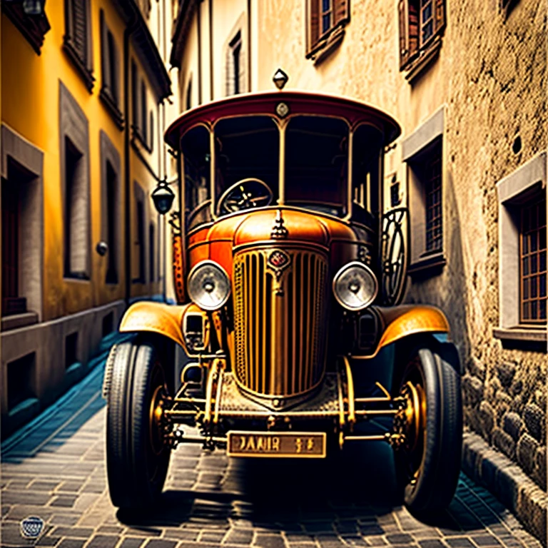 image of a nice polished old European tractor in an old Prague alley, very detailed photography style, intricate details, cinematic lighting, contrast lighting, dslr, very intricate details, amazingly nice details, very detailed, sharp focus, very high resolution, wide image to the side