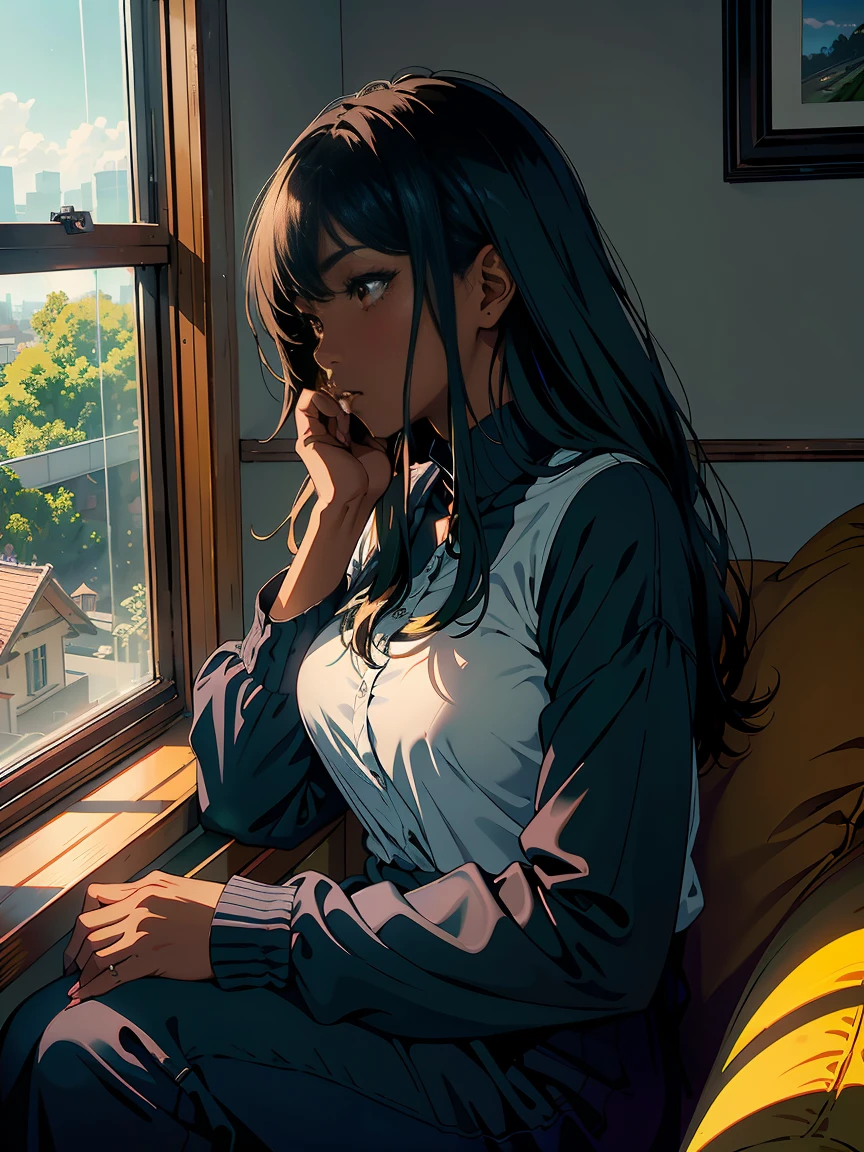 sunset, depth of fields、high resolution details, ultra-detailed、filming、surrealism、Soft volumetric light、solo (1 pretty black girl with dark skin and realistic brown eyes, full lips ebony nose) 、Ray tracing、diffused (glass reflection)、casual outfit, surrealism,(sitting on a sofa in a house looking sideways out window:1.1)、Sun in the west coming through the glass of the window、House scenery, profile, serious expression, grieving
