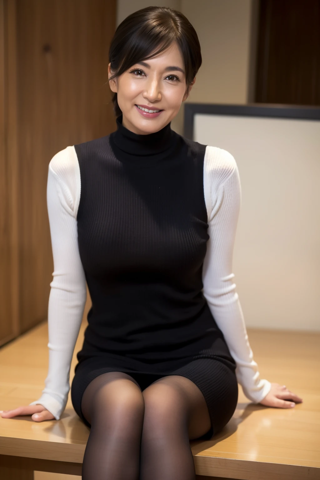 Japan mature, (Alone), 50yearsold, (Wrinkles at the corners of the eyes:1.2), , 摩洛解放阵线, carismatic, an sexy, Whitish skin tone, looking at viewert、Supergianthugebreasts、Wear a sleeveless turtleneck sweater、tight knitted dress euchimuchi、black pantyhoses、high-heels、ssmile、Public places、legs crossed、The kinky exposed