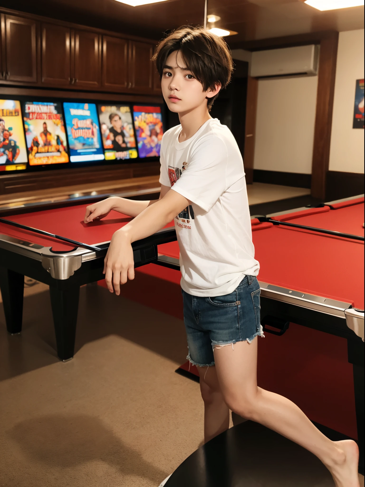 boy, , short hair parted in the middle, game room