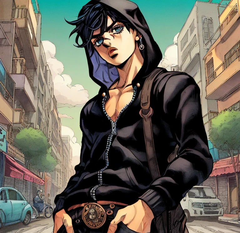 jojo's Bizarre Adventure Colored Manga Panel Of A young
Mexican teenage boy with dark black hair with a black hoodie full body