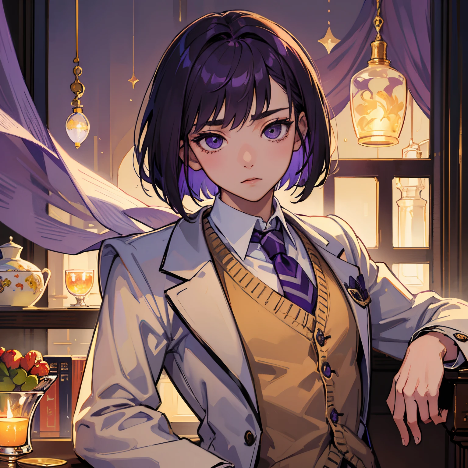 ​masterpiece、top-quality、Perfect body、delicate facial details、full bodyesbian、1 boy、独奏、Strong、a purple eye、chestnut bob hair、student clothes、blazers、Beige knitted vest、Purple tie