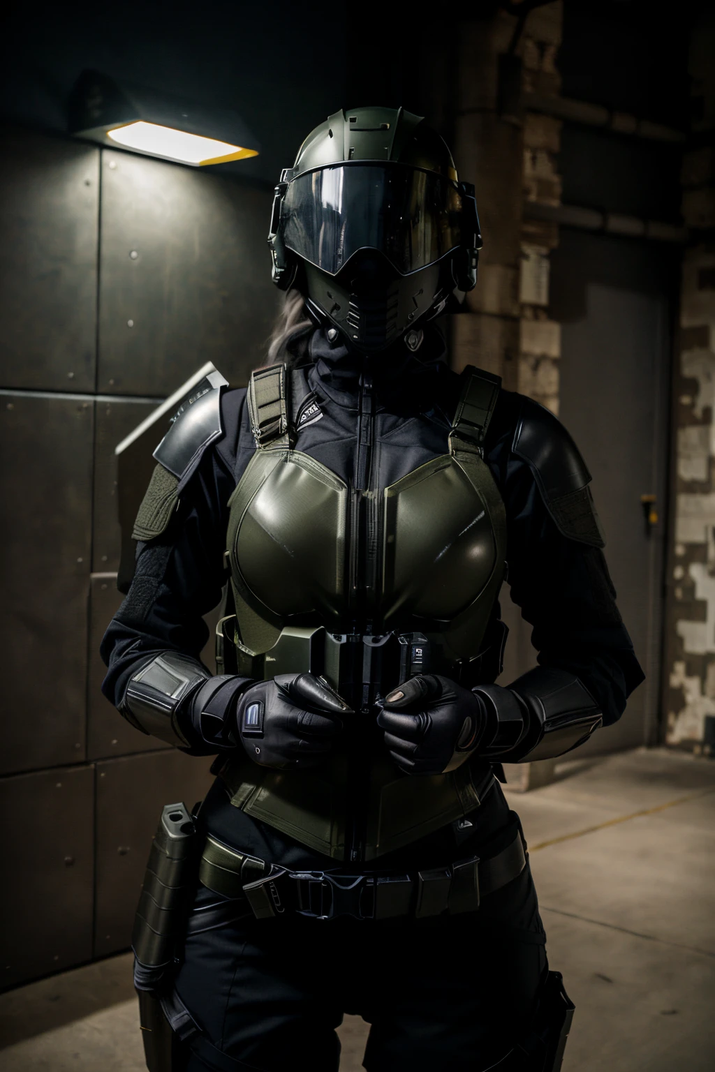 there  a woman in a full body armor posing for a picture, wearing techwear and armor, dressed in tactical armor, photograph of a techwear woman, clothed in sci-fi military armor, stealth suit, clothed in stealth armor, black armored uniform, tactical armor, wearing green armor and helmet, wearing leather assassin armor, dressed in black body armour
