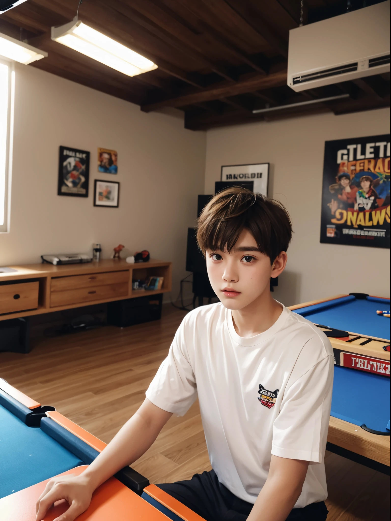 boy, , short hair parted in the middle, game room