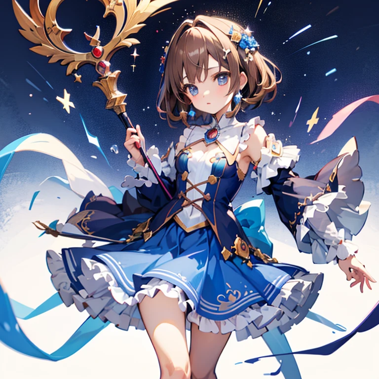 magical little girl，Secondary two，a lively, Full of pruneright aristocratic girl astrologer，light brown hair and blue eyelatchest，Staff，Lolita skirt，blue skirts