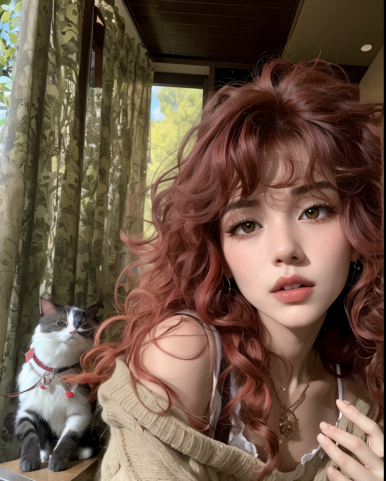 there a red-haired woman and a cat sitting on a table, muy hermosa linda catgirl, con cabello rojo rizado, flequillo rizado, flequillo rizado y cola de caballo, cabello rosa rizado, ulzzang, con cabello largo y rizado, Atractiva chica gato, Hermosa joven catgirl, Peinado kawaii, Peinado kawaii, Sakimichan, con rizado largo