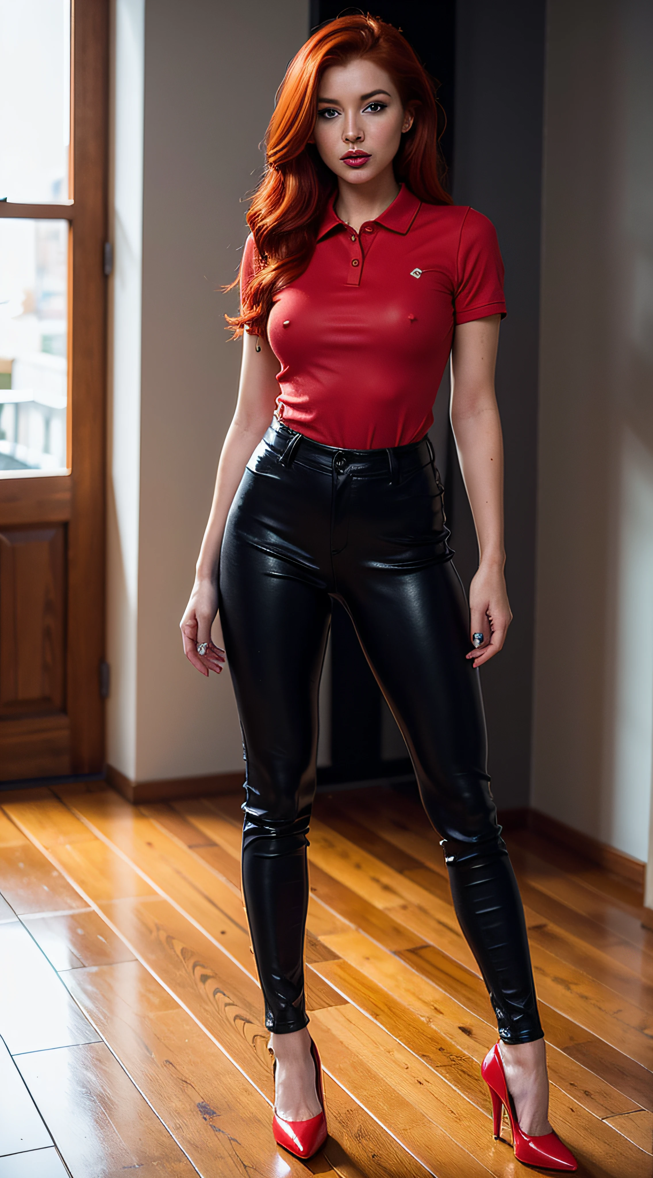 Create a realistic photo of a girl with red hair, blue eyes, tight leather pants, red tight polo shirt, beautiful, 20 years old, slim, red lipstick, eyeliner, beautiful body, in a room, full length, black high heels.