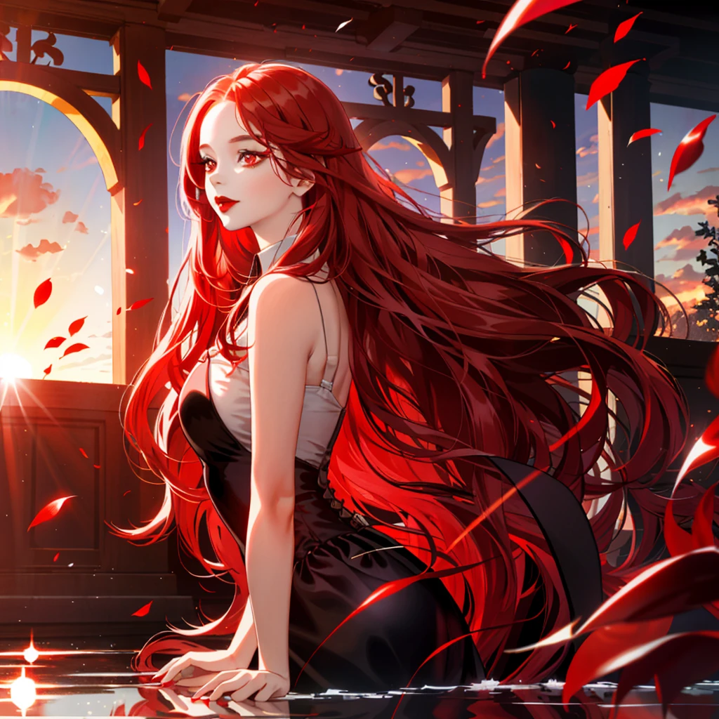 ((red eyes reflecting the sun))、Woman with long straight hair and red lips, ekaterina, 30 year old female,Red-haired、magic school、