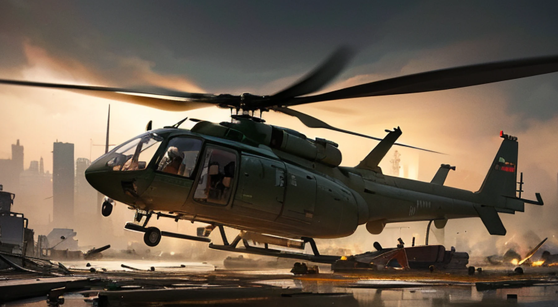 Against the background of a destroyed helicopter, hq artwork, attacker sitting on crate, award winning concept art, actual, Military photography, rendering, number art, number art, dramatically art, , modern warfare, night vision, cg render
