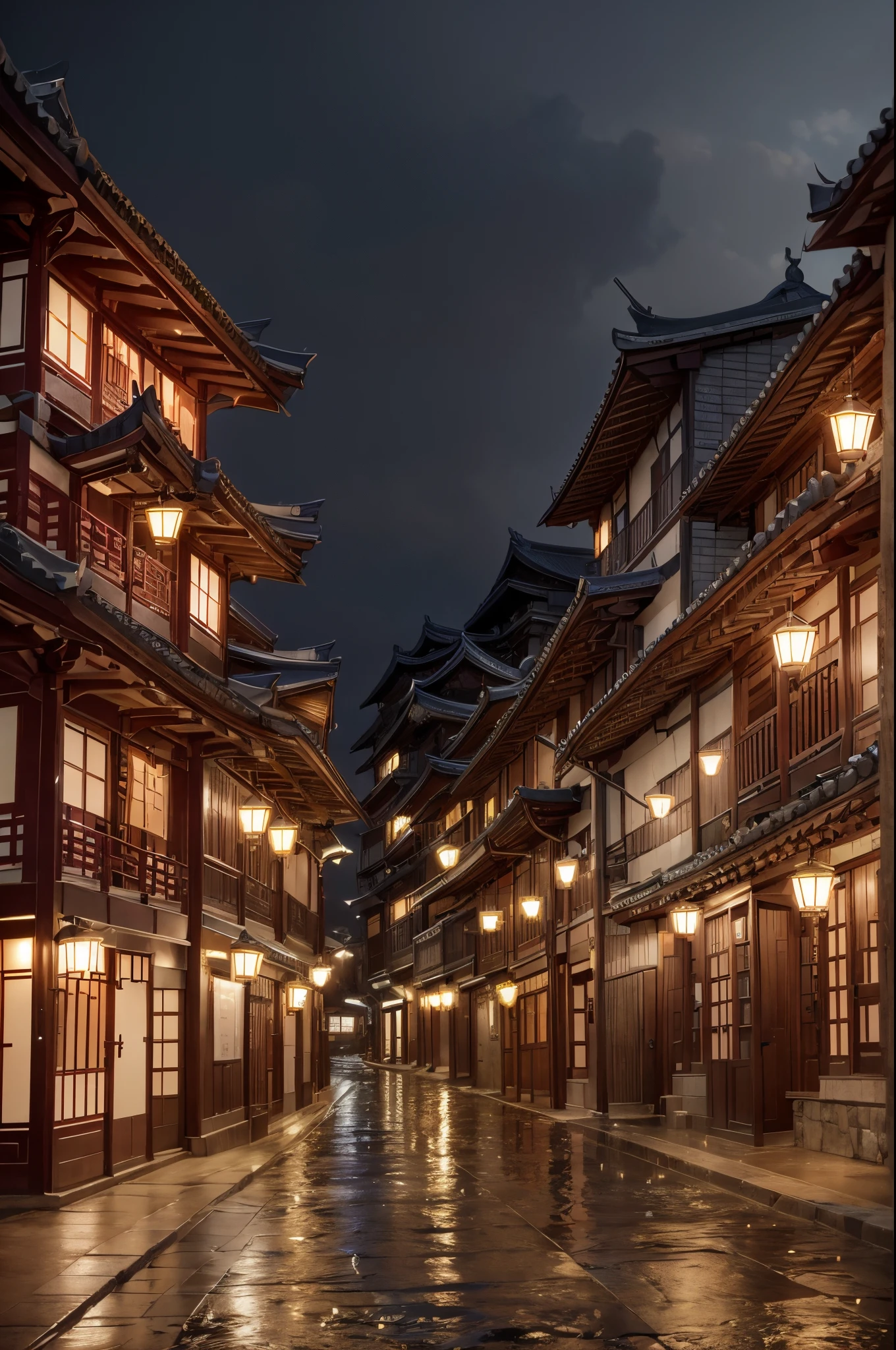 arafed view of a village with a lot of lights on the buildings, dreamy chinese town, chinese village, amazing wallpaper, japanese town, japanese village, hyper realistic photo of a town, old asian village, japanese city, by Raymond Han, rainy evening, cyberpunk chinese ancient castle, beautifully lit buildings, at evening during rain, beautiful and aesthetic, photography, cinematic, 8k, high detailed ((Heavy rain)))