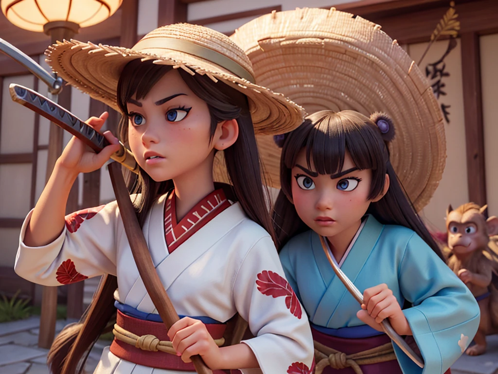 best quality, ultra-detailed, realistic, portraits, (traditional-style:1.1), (watercolor:1.1), vivid colors, beautiful detailed eyes, beautiful detailed lips, extremely detailed eyes and face, long eyelashes, brave warrior, brave expression, muscular build, sword-wielding, determined posture, (Japanese kimono:1.1), straw hat, (traditional Japanese scene:0.9), momotaro with monkey, pheasant, and dog companions, demon extermination, (demon:0.9), fierce battle, powerful strikes, (magical powers: 0.9), intense atmosphere, dynamic action, triumphant victory, sunlit background, dramatic lighting