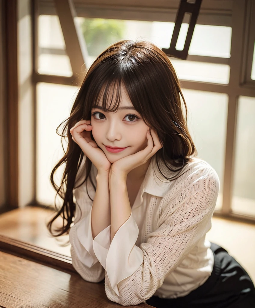 masutepiece, Best Quality, Naughty smile、Kamimei、randome pose、Bruises、Illustration, Ultra-detailed, finely detail, hight resolution, 8K Wallpaper, Perfect dynamic composition, Beautiful detailed eyes, knit,Medium Hair,Natural Color Lip、Bold sexy poses,Smile,Harajuku、20 years girl、Cute、Sexy shot looking at camera、C Cup、Brown hair
