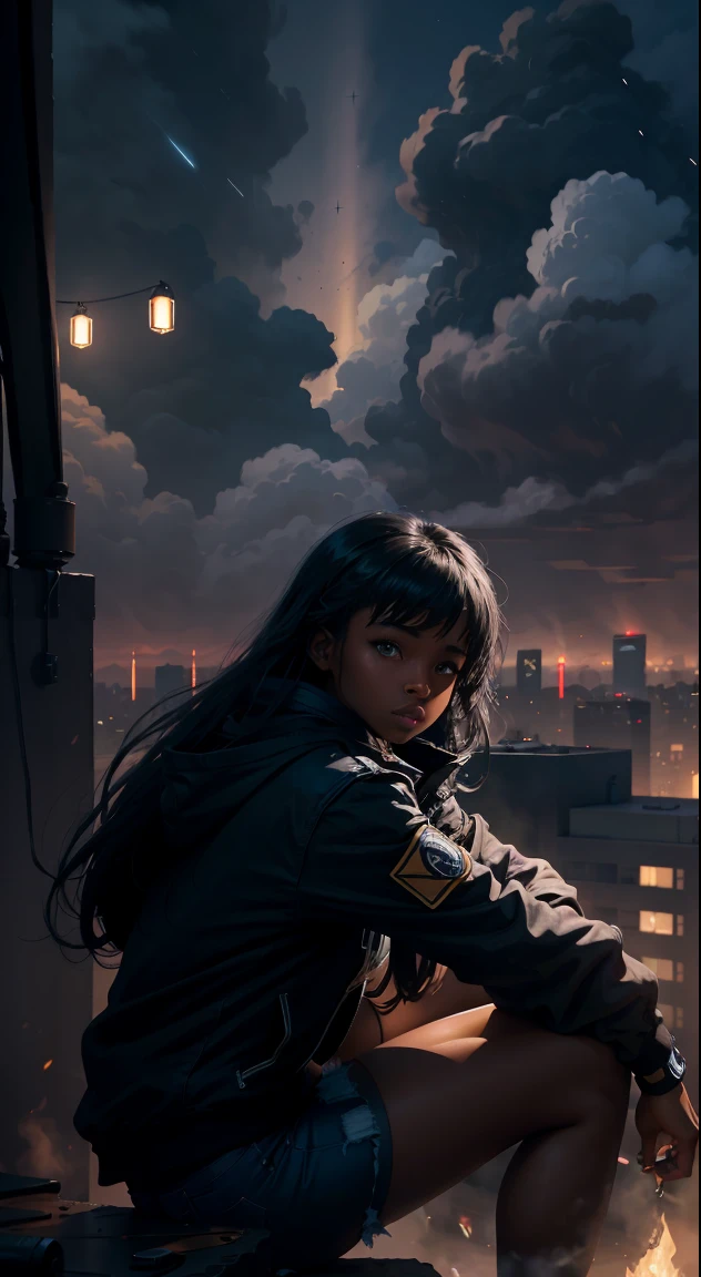 octane, sky, star (sky), scenery, starry sky, night, 1 black girl, night sky, solo, outdoors, building, cloud, milky way, sitting on a apartment ledge, jarred candles, long hair, city, silhouette angle, wearing a jacket and jean shorts, cityscape view from above, beautiful