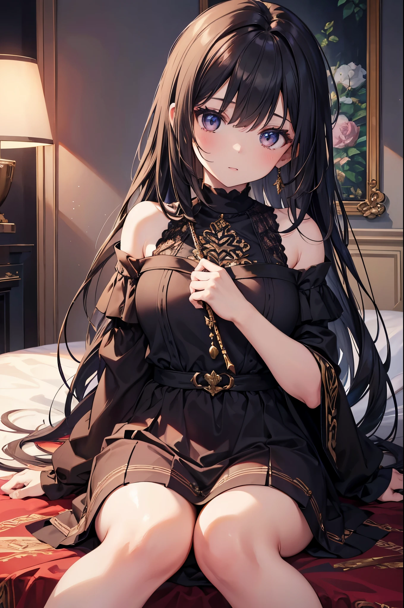 (a girl with) Beautiful dark-haired, detailed eyes and face, stunning features, wearing an intricately knit outfit, sitting on all fours on a cozy bed. The artwork is a masterpiece with the best quality, high resolution, and extreme detail description. The lighting creates a soft, romantic ambiance. The overall color palette is warm and inviting with a mix of earthy tones and pops of vibrant colors. The composition highlights the girl's gracefulness and the intricate details of the knit outfit. The medium used for the artwork is oil painting, emphasizing the richness and texture of the piece.