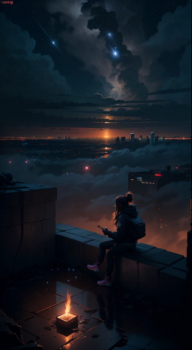 octane, sky, star (sky), scenery, starry sky, night, 1 black girl, night sky, solo, outdoors, building, cloud, milky way, sitting on a apartment ledge, jarred candles, long hair, city, silhouette angle, wearing a jacket and jean shorts, cityscape view from above, beautiful