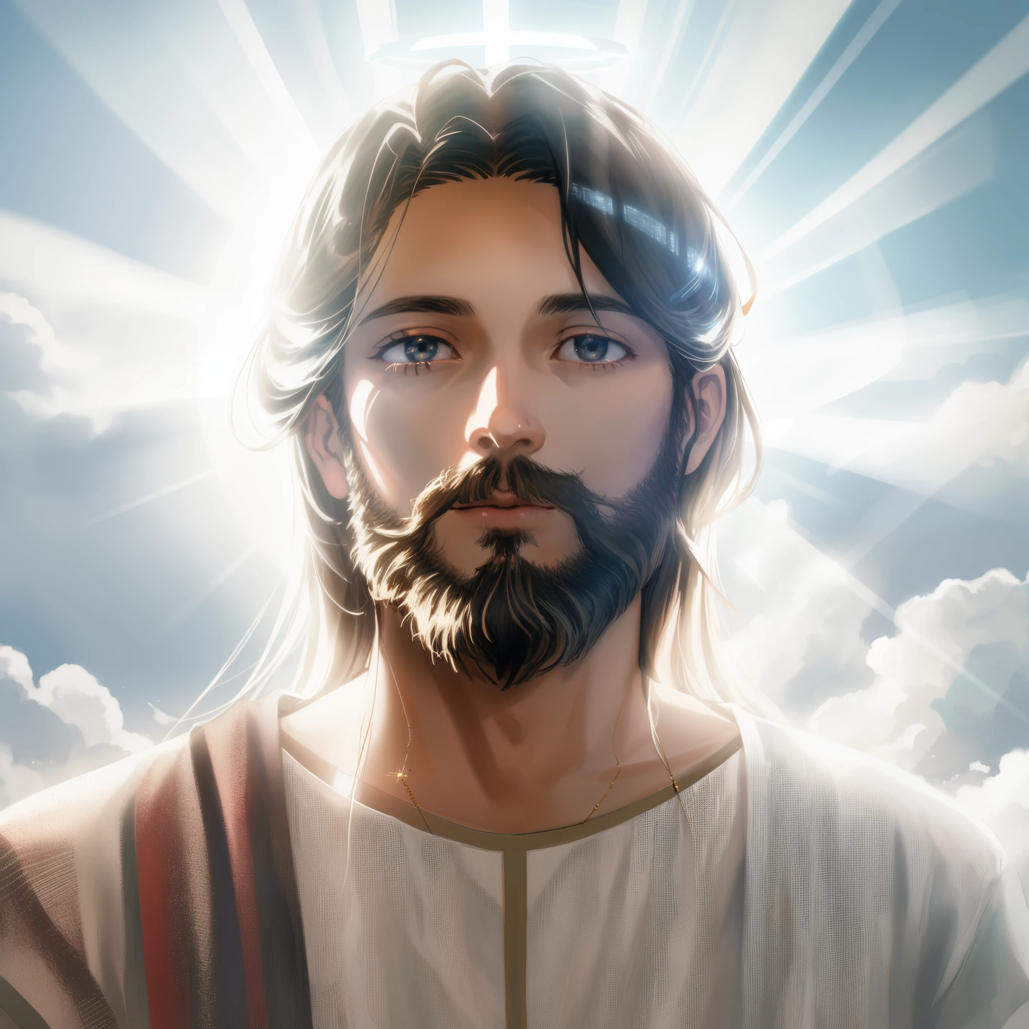 jesus  looking up at the sky with a halo of light, jesus christ, greg olsen, portrait of jesus christ, jesus face, glowing halo above his head, male with halo, jesus, tron legacy jesus christ, jesus of nazareth, heavenly light, tron legacy jesus, holy sacred light rays, the face of god, portrait of a heavenly god