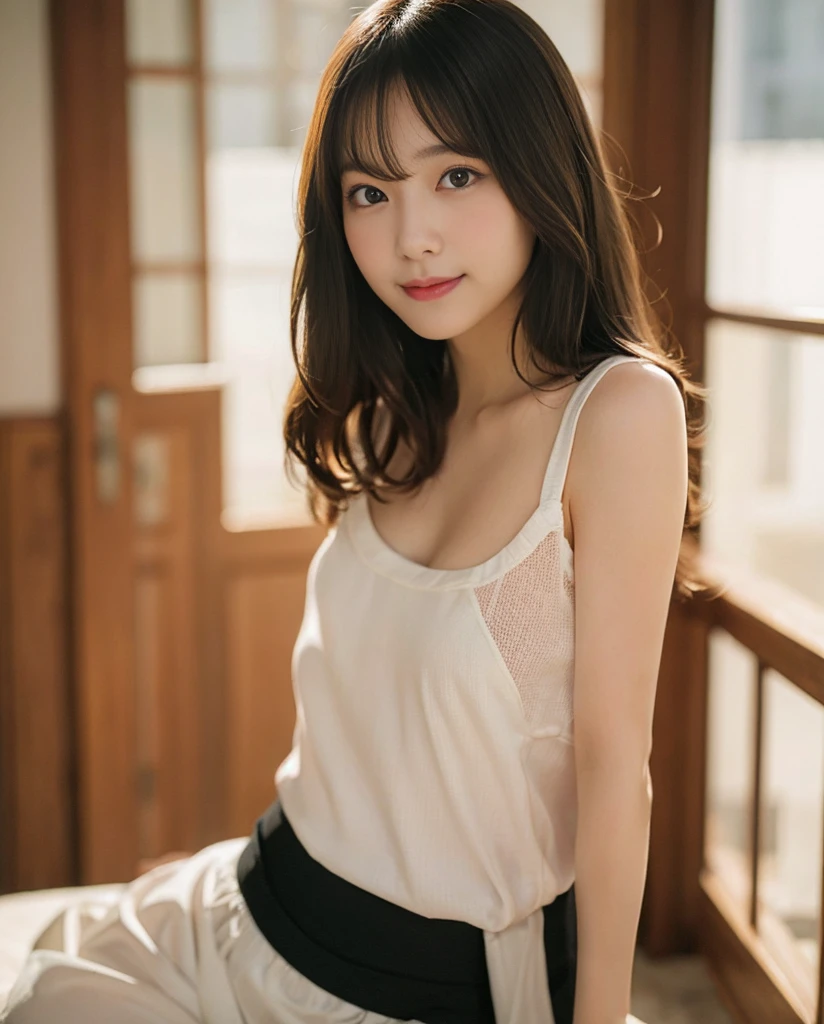 girl、Mean Woman、Wearing a white strapless blouse、black lace skirt、Skirt and thighs、Wearing ultra-realistic pantyhose、Sit by the window、Realistic skin texture、Shiny skin、Bare thighs!!! masterpiece, 最high quality, Photorealistic, RAW Photos、8k, High resolution, Detailed skin, 8k ウルトラHD, Digital SLR, Soft lighting, high quality, Film Grain, Fujifilm XT3,