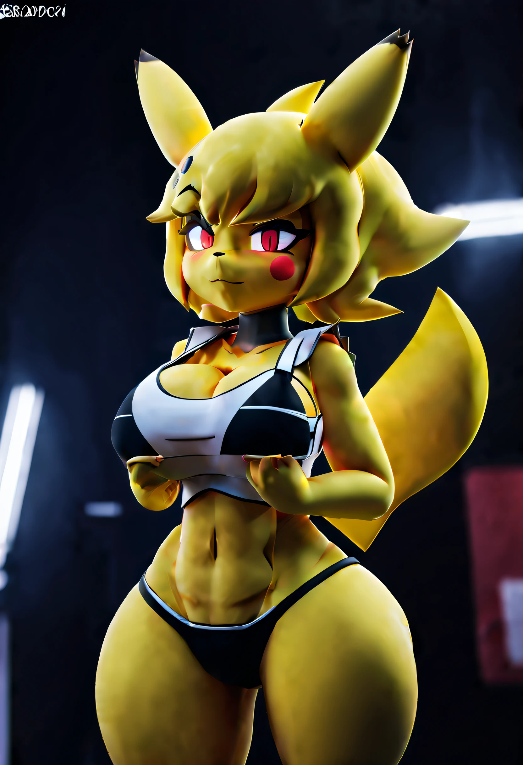 (best quality, masterpiece1.2), 1girl, solo, human, cally3d, sexy, detailed, extreme detail, perfect lighting, 4k, pikachu, tail, pikachu ears, pikachu tail, blush, tank top, shorts, tomboy