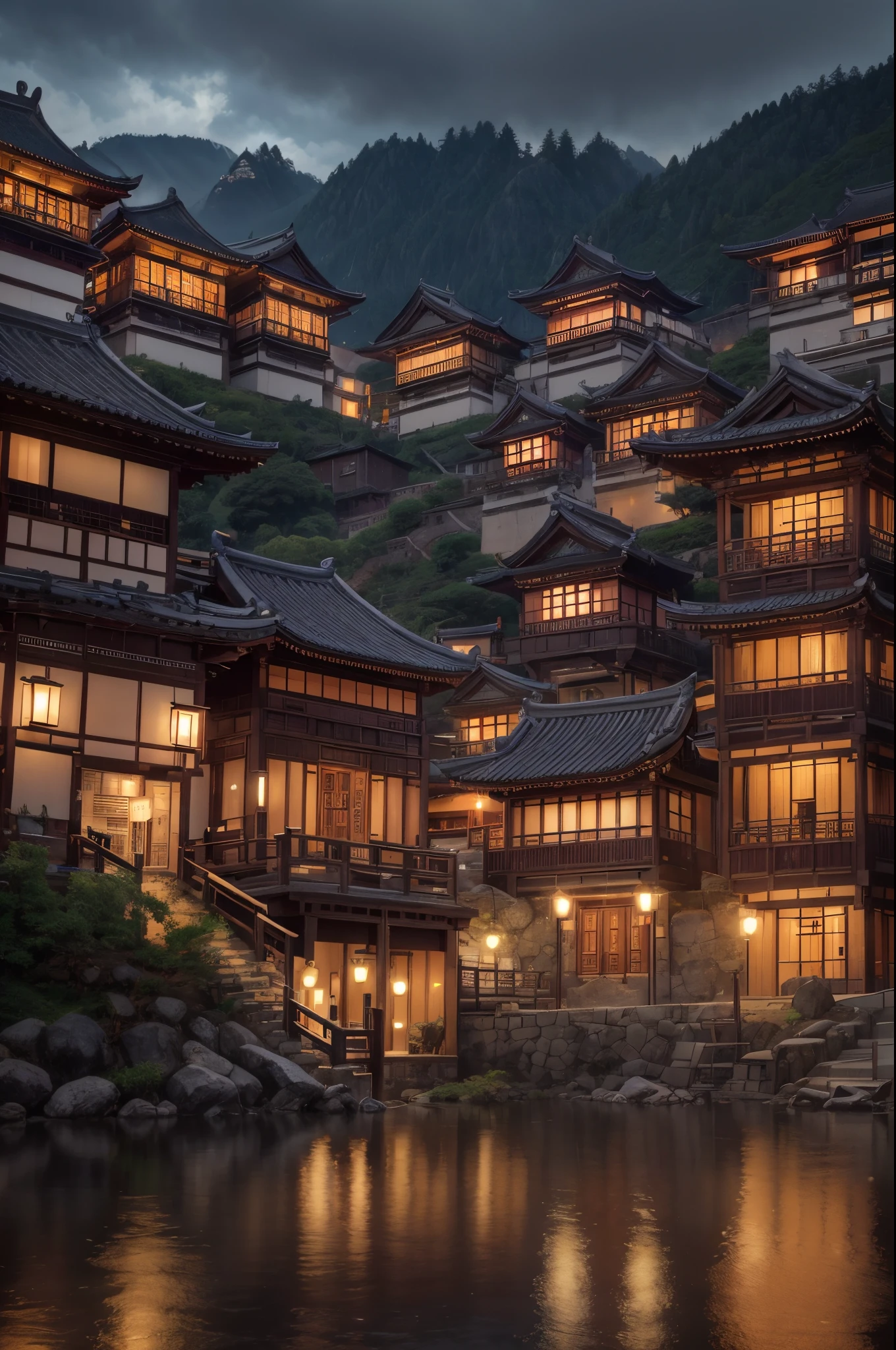 Feder village view,a lot of lights on the buildings,A dreamy Chinese town built on the mountain,China Village,Stunning wallpapers,Japanese mountain town,Japan Village,surreal photo of a small town,old asian village,(The distant sky covered with dark clouds),Japan city,Raymond Han,rainy evening, Cyberpunk ancient Chinese castle, well-lit building, Late afternoon,in the rain, Beautiful and beautiful, photography of, 电影灯光, 8K, high detal ((heavy rain poured)))