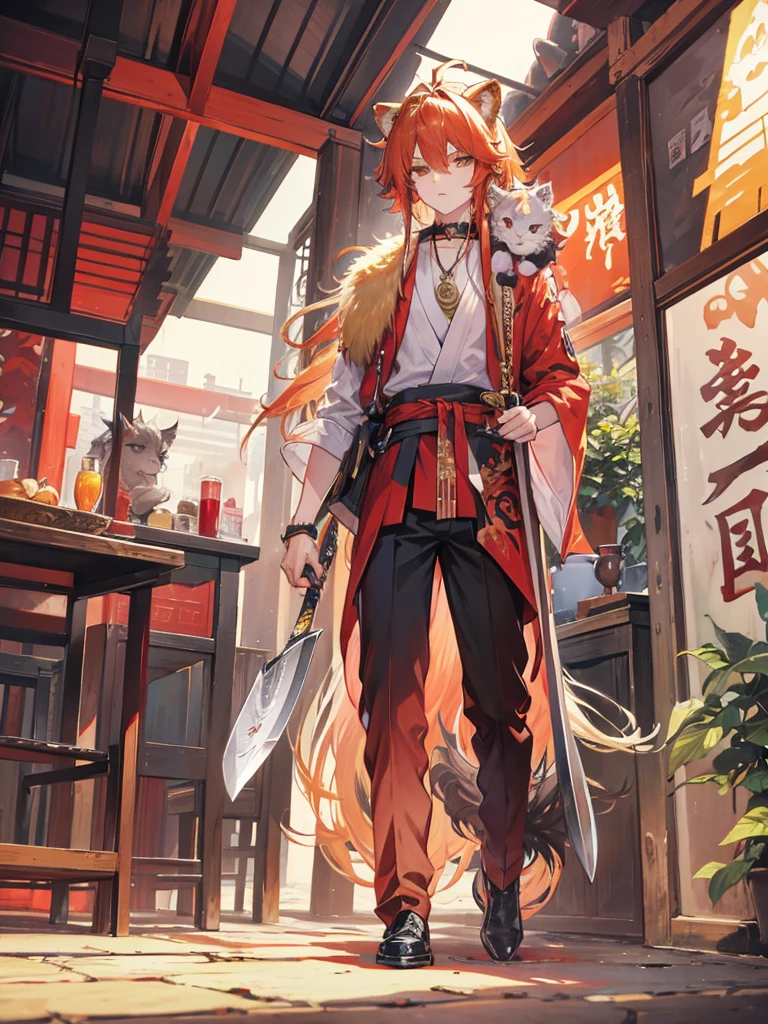 a lion,youkai,mane hair,Carrying a big knife on his shoulder,Long knives,Walk upright