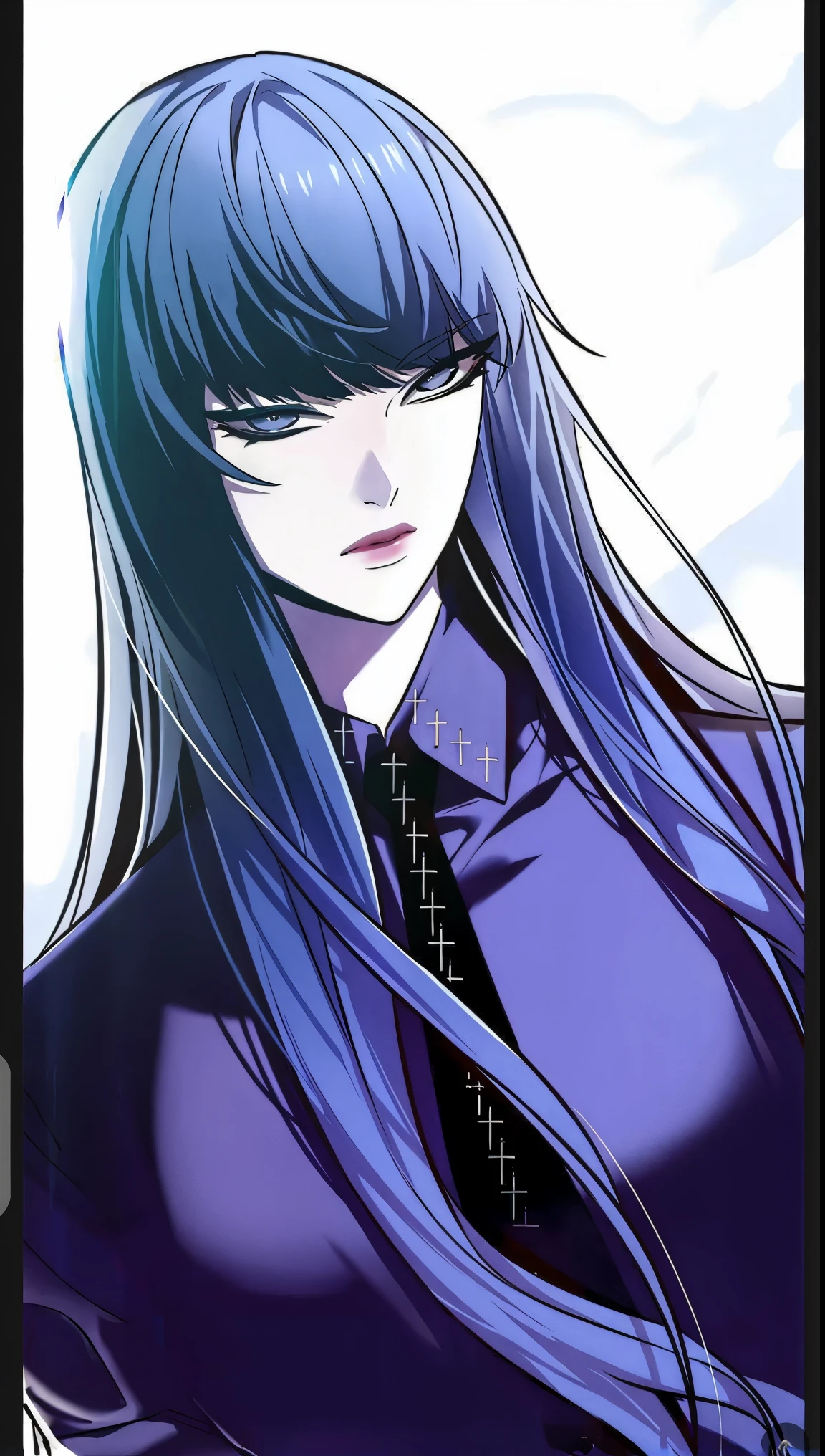 anime girl with long blue hair wearing a purple shirt and tie, she has black hair with bangs, gapmoe yandere, high quality anime artstyle, anime girl with long hair